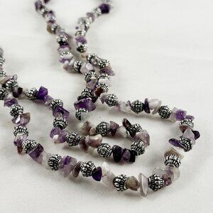 Necklace with silver tone beads, natural Amethyst Quartz chips